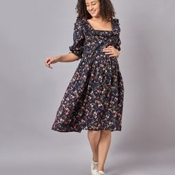 Mine4Nine Three Fourth Sleeves Frill Detailed Floral Printed Maternity Dress With Concealed Zipper Nursing Access - Navy Blue-image-21