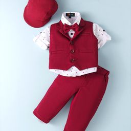 Robo Fry Lycra Knit Full Sleeves Printed 3 Piece Party Suit with Bow & Hat - Maroon-image-74