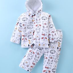 Simply Quilted Cotton Knit Full Sleeves Hooded Winter Wear Padded Co-Ord Suit With Animals Print - White-picture-28