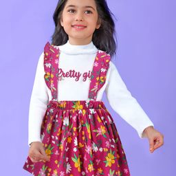 Babyhug Cotton Knit Full Sleeves Turtle Neck Top & Floral Printed Skirt With Suspender - Multicolor-image-27