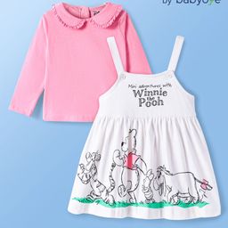 Babyoye Disney Single Jersey Knit Full Sleeves Peter Pan Collared Solid Top with Frock & Winnie the Pooh Graphic - Pink & White-image-42