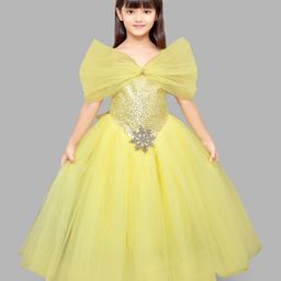 PinkChick Sleeveless Bow & Snowflake Applique Detailed Sequins Embellished Gown - Yellow-92