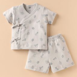 Zero Sinker Knit Half Sleeves Shorts Co-Ord Night Suit With Animal Print - Grey-image-84