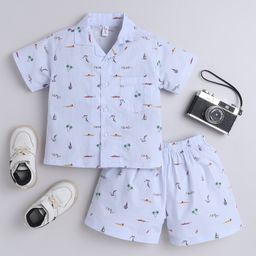 The Magic Wand Cotton Woven Half Sleeves Beach Theme Printed Coordinating Night Suit Set - Blue-image-124