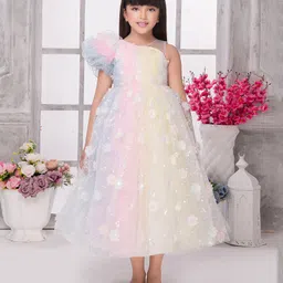 Tiny Kingdom Net One Shoulder Flutter Sleeves Floral Applique Detailed Sequins Embellished Ombre Gown - Multi Colour-picture-33