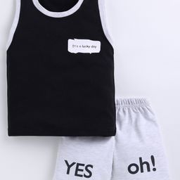 CUTOPIES Cotton Sleeveless Its A Lucky Day Text Printed Tee With Shorts Set - Black-image-16