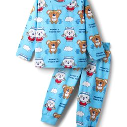 Babyhug Cotton Knit Full Sleeves Co-Ord Night Suit With Animal Print - Blue-image-49