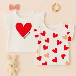 Luke and Lilly Cotton Knit Pack Of 2 Half Frill Sleeves I Love You Mom Text & Hearts Printed Tops - White-picture-7