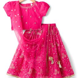 Babyhug Chanderi Woven Half Sleeves Choli Lehenga & Dupatta Set With Floral Print & Embriodered - Fuschia-picture-23