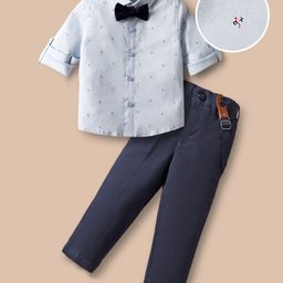 Mark & Mia Woven Full Sleeves Printed Party Shirt & Trouser Set with Bow & Suspender - Light Blue & Navy Blue-picture-43