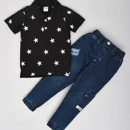 Kiwi Cotton Knit Half Sleeves Star Printed Polo Tee & Denim Jeans Set - Black & Blue-picture-40