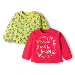 Doodle Poodle 100% Cotton Knit Full Sleeves Top With Floral & Smile & Be Happy Text Print Pack of 2 - Limegreen & Dark Pink-picture-37