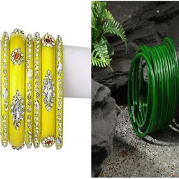 SOMIL Set Of 18 Yellow Alloy Artificial Stones and Beads Antique Bangles-image-69