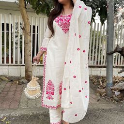 BAESD Women Ethnic Motifs Embroidered Regular Chikankari Kurta With Trousers & Dupatta-picture-3