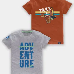 Codez Kids Grey Melange & Rust Printed T-Shirt (Pack Of 2) image 1