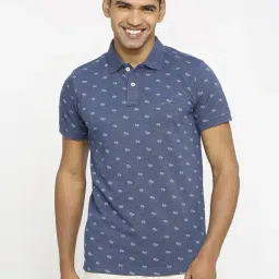 Basics Blue Cotton Muscle Fit Printed Polo T-Shirt-image-63