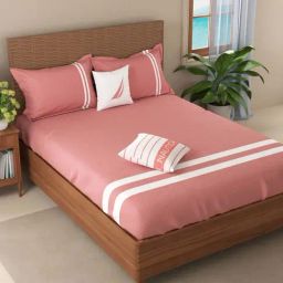 NAUTICA Coastal Stripes Pink & White Cotton Super King Size Bed Sheet With Pillow Covers-image-66