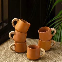 ExclusiveLane 'Cane Heirloom' Coffee & Tea Cups in Terracotta (Set of 6, 140 ml)-image-53