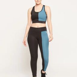 Clovia Black & Blue Sports Bra With Tights-image-12