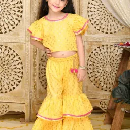 Saka Designs Kids Yellow & Gold Printed Top with Sharara-image-12
