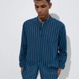 ETA by Westside Indigo Stripe Patterned Relaxed-Fit Cotton Shirt-image-81