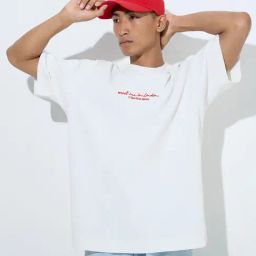 Nuon by Westside White Text Printed Ribbed-Textured Relaxed-Fit T-Shirt-image-3