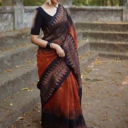 Satrani Rust & Black Cotton Woven Saree With Unstitched Blouse-picture-42