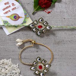 NVR Gold Kundan-Studded Handcrafted Wraparound Rakhi Set with Roli Chawal - Set of 2 image 1