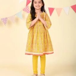 Fabindia Yellow Cotton Block Printed Kurta and Churidar Set-image-29