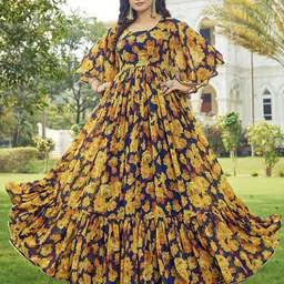 CHANSI Floral Print Bell Sleeve Georgette Fit & Flare Maxi Dress-image-99