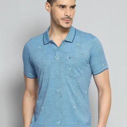 Cloak & Decker by Monte Carlo Blue Cotton Blend Regular Fit Self Design Polo T-Shirt-image-8