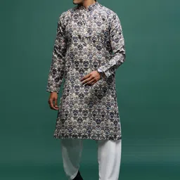 Sangria Grey Floral Printed Mandarin Collar Linen Straight Kurta With Patiala-image-39