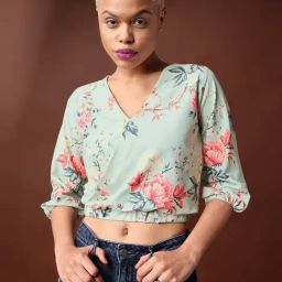 PURVAJA Light Green Floral Print Crop Top-image-81