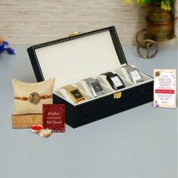 eCraftIndia Assorted Gold Rakhi with Watch Organizer Box-image-61