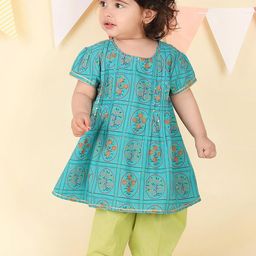 Fabindia Girls Floral Printed Round Neck A-Line Pure Cotton Kurta with Salwar-image-92