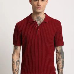 The Bear House Red Cotton Slim Fit Self Pattern Polo T-Shirt-image-44