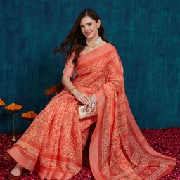 KAVINDI Batik Printed Linen Saree With Unstitched Blouse Piece-image-52