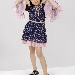 Naughty Ninos Floral Tie-Up Neck Flared Sleeve Layered Georgette Fit & Flare Dress-image-14
