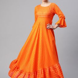 MBE Women Orange Ethnic Motifs Bell Sleeves Lace Frills Bows and Ruffles Anarkali Kurta-image-48