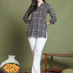 KALINI Floral Printed Notch Neck Pure Cotton Short Kurti-image-72