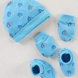 Babyhug 100% Cotton Cap Mitten & Booties Set Dolphin Print Blue - Diameter 12 cm-picture-16