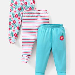 Babyhug Cotton Knit Footed Length Bootie Leggings Striped & Floral Print Pack of 3 - Multicolour-image-39