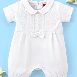 Babyhug 100% Cotton Knit White Lace Yoke Baptism Romper with Bow  - W Hite-image-44