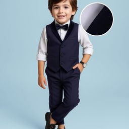 Babyhug Full Sleeves Party Suit Sheen Texture with Bow - White & Navy Blue-image-84