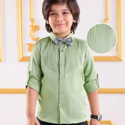 Mark & Mia Full Sleeves Solid Color Pleated Party Shirt With Bow - Green-image-19