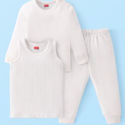 Babyhug Full Sleeves Solid Thermal Vests & Pant Set of 3 - Off White-image-9