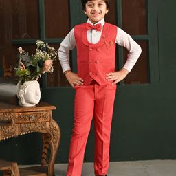 BT DEZINES Cotton Full Sleeves Solid 3 Piece Party Suit Set With Bow - Candy Red-image-50