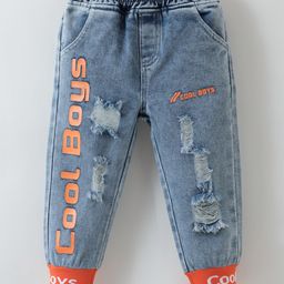 Kookie Kids Full Length Washed Denim DistressedJeans With Text Print - Blue-image-33