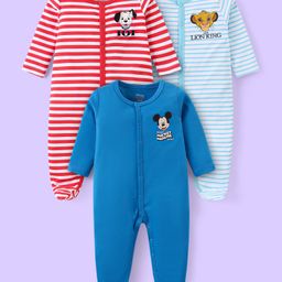 Babyhug Disney Cotton Knit Full Sleeves Striped Sleep Suits With Mickey Mouse 101 Dalmatians & Lion King Graphics Pack Of 3 - Blue Red & Sky Blue-image-73
