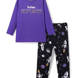 Pine Kids Single Jersey Knit Full Sleeves Night Suit with Space Theme Print - Purple & Black-image-72